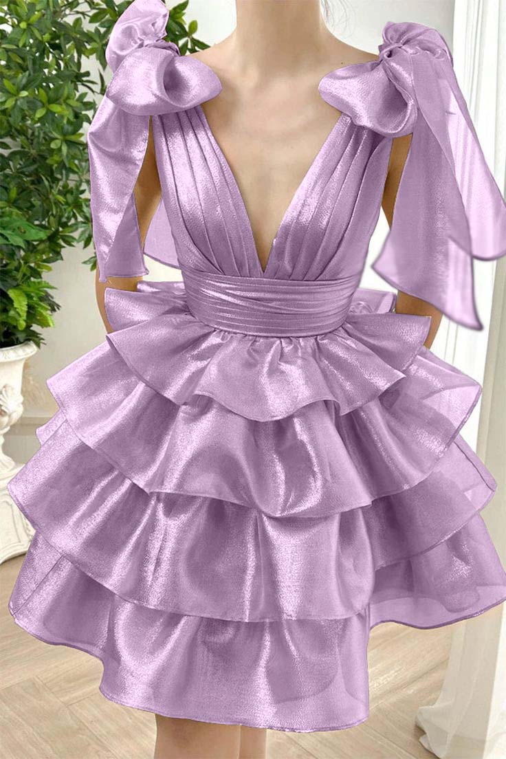 Straps V Neck Graduation Dress Sleeveless Short Cocktail Dress With Ruffles