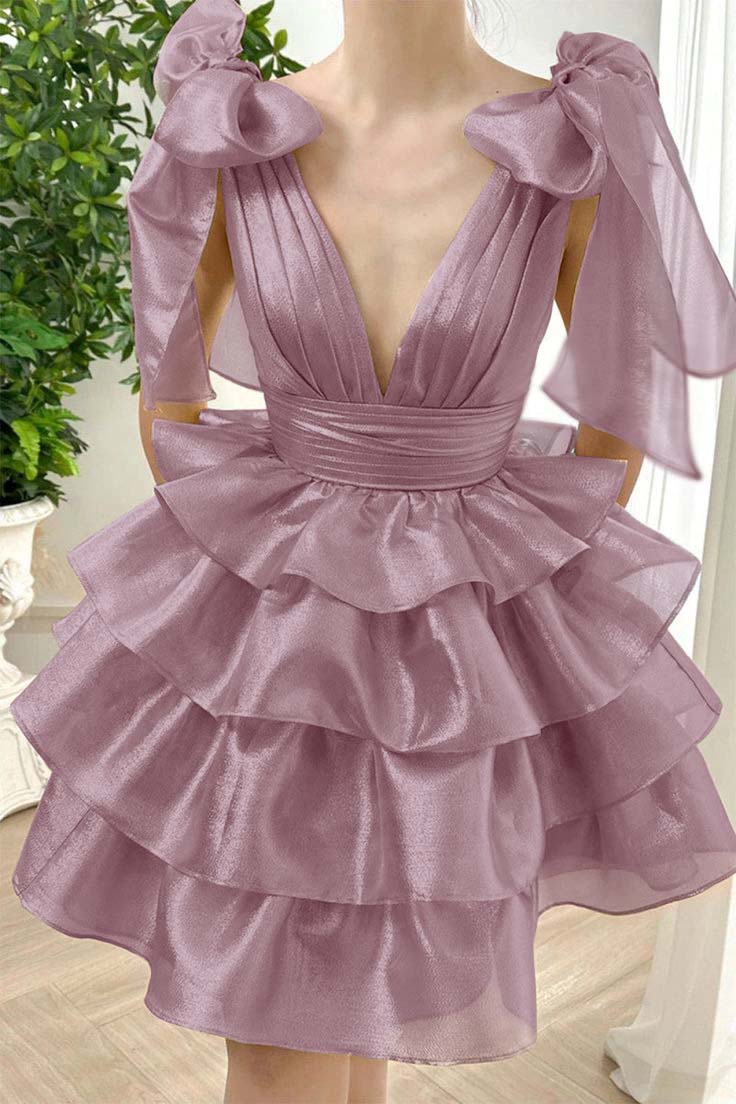 Straps V Neck Graduation Dress Sleeveless Short Cocktail Dress With Ruffles