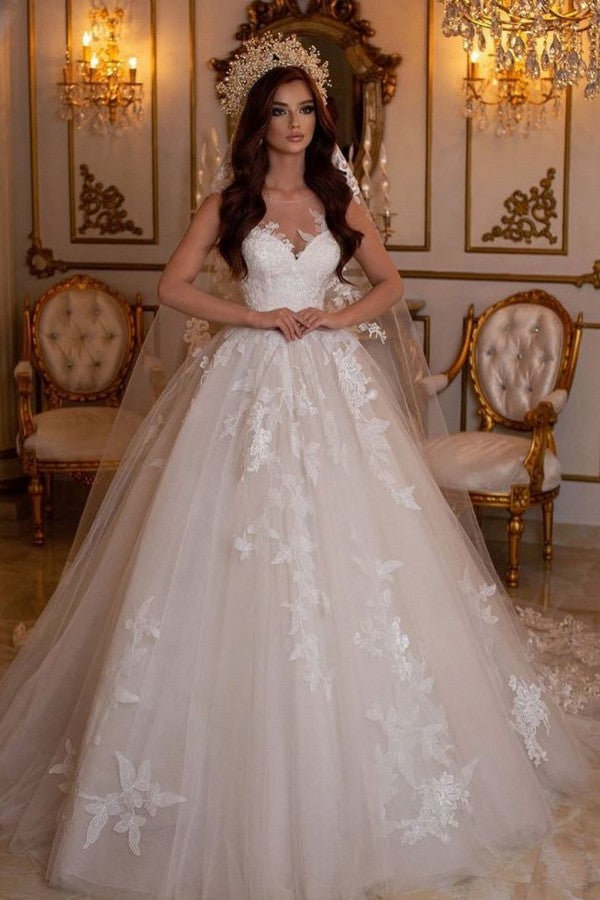 Stunning A Line Bateau Neck Tulle Floor Length Wedding Dress with Lace Appliques