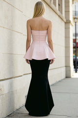 Stunning Black And Pink Strapless Long Mermaid Prom Dress With Ruffles