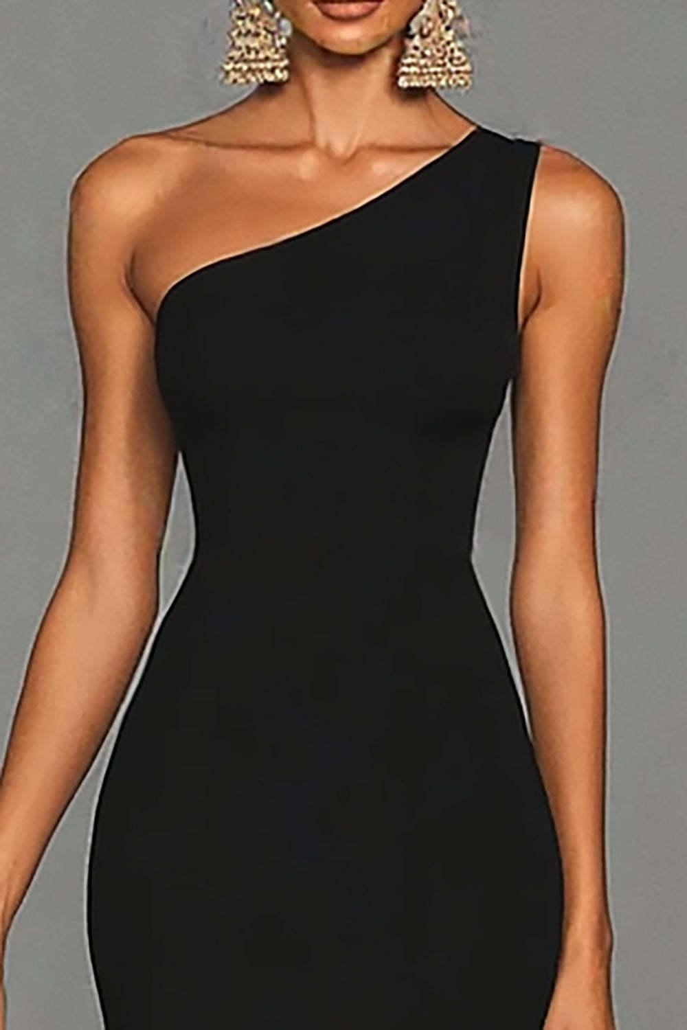 Stunning Black Mermaid One Shoulder Long Satin Prom Dress With Slit