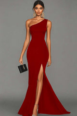 Stunning Black Mermaid One Shoulder Long Satin Prom Dress With Slit