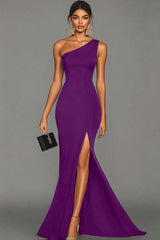 Stunning Black Mermaid One Shoulder Long Satin Prom Dress With Slit