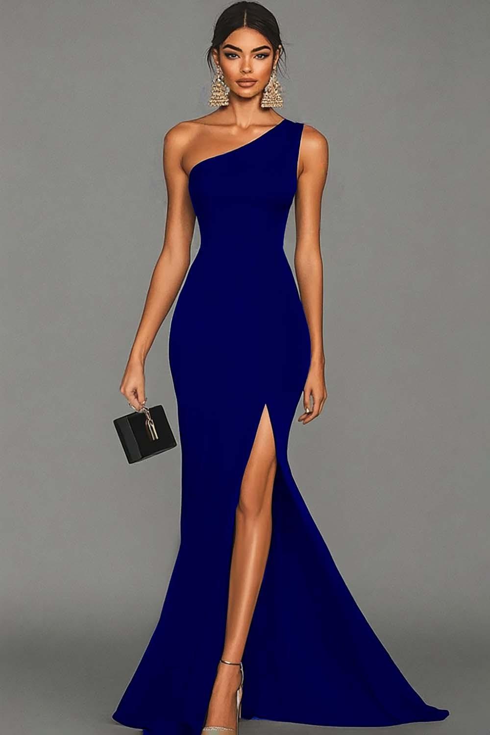 Stunning Black Mermaid One Shoulder Long Satin Prom Dress With Slit