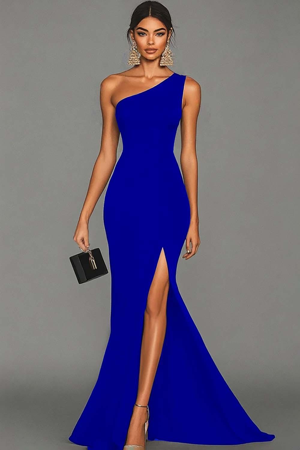 Stunning Black Mermaid One Shoulder Long Satin Prom Dress With Slit