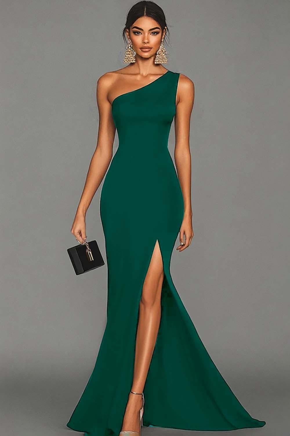 Stunning Black Mermaid One Shoulder Long Satin Prom Dress With Slit