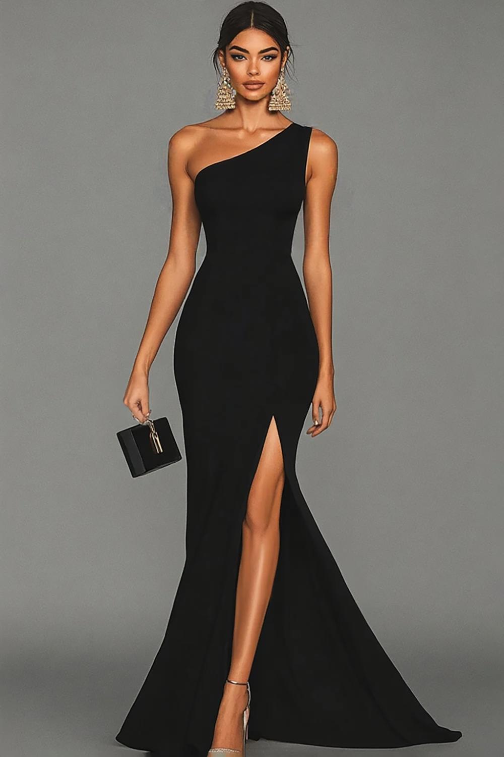 Stunning Black Mermaid One Shoulder Long Satin Prom Dress With Slit