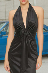 Stunning Black Satin Halter Neck Sheath Ruched Long Prom Dress