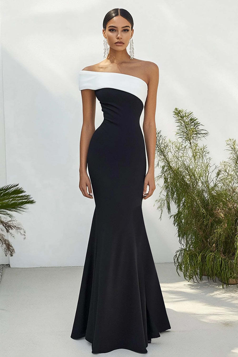 Stunning Black White One Shoulder Long Satin Prom Dress
