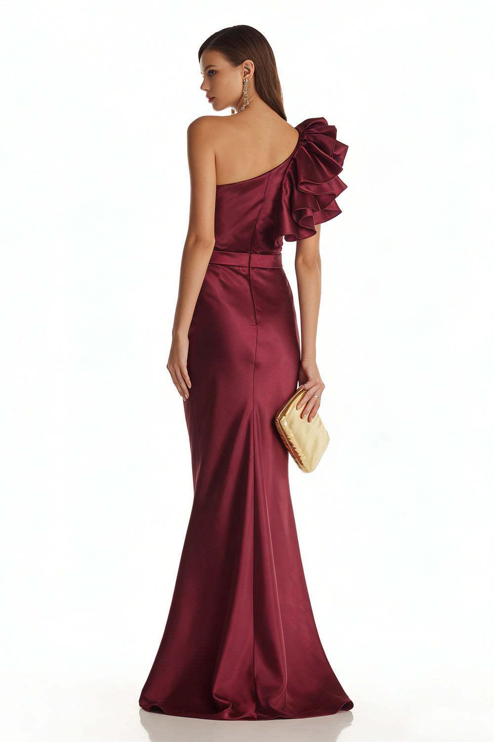 Stunning Burgundy One Shoulder Mermaid Long Satin Prom Dress With 3D Flower