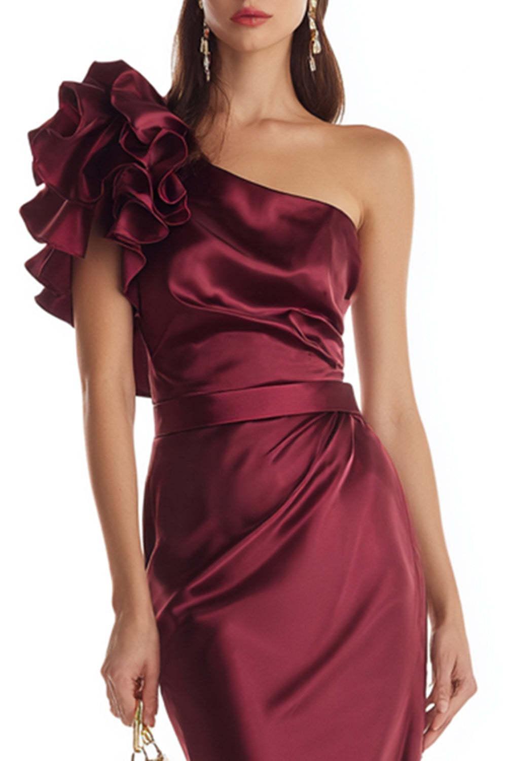 Stunning Burgundy One Shoulder Mermaid Long Satin Prom Dress With 3D Flower