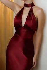 Stunning Burgundy Sheath Halter Long Satin Prom Dress