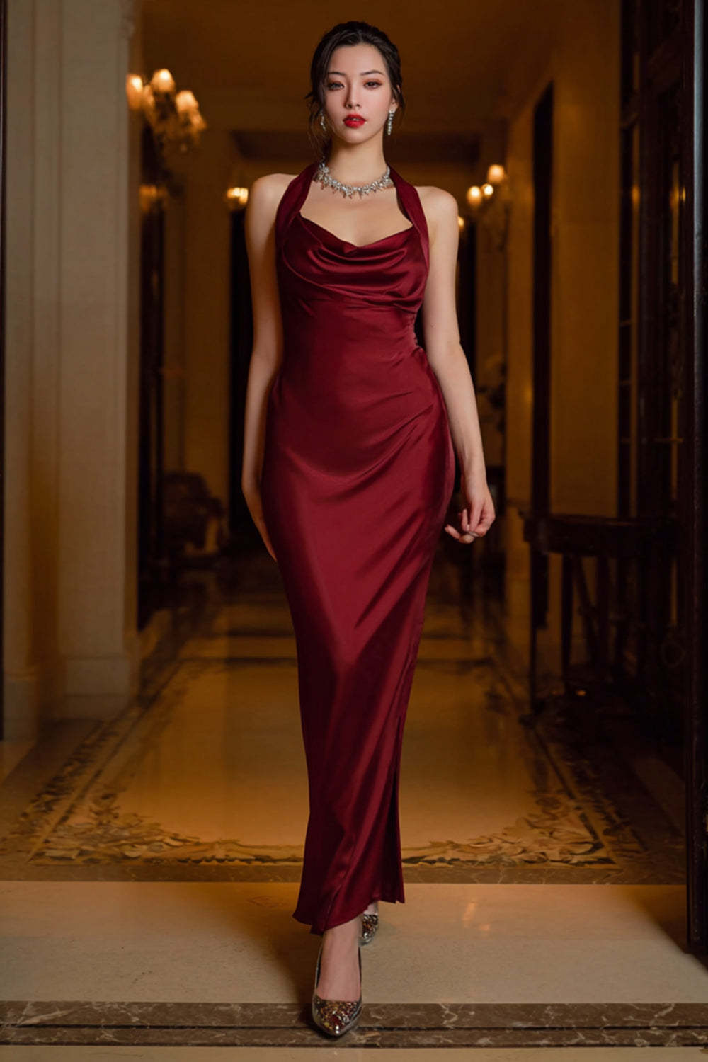 Stunning Dark Green Halter Sheath Long Satin Prom Dress