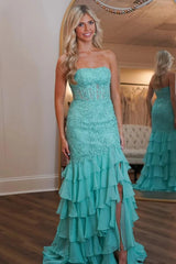 Stunning Mermaid Strapless Zipper Back Lace Corset Prom Dress With Ruffle Skirt Formal Evening Gown