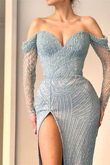 Stunning Off The Shoulder Mermaid Evening Dress Long Sleeves with Sweetheart Beadings