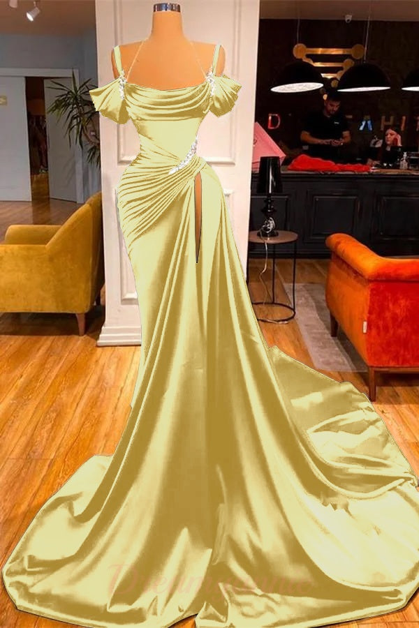 Stunning Off The Shoulder Mermaid Prom Dress Ruffles With High Split