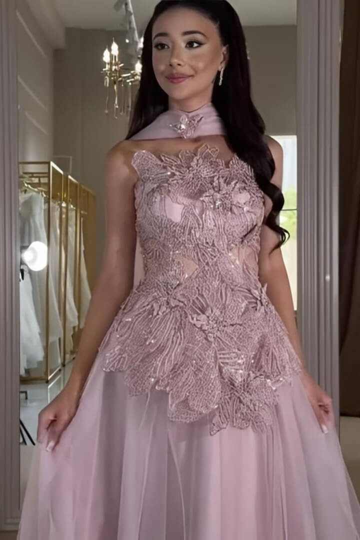 Stunning Pink Prom Dress Beaded Lace Appliqued Corset Tulle Evening Dress with Watteau Train