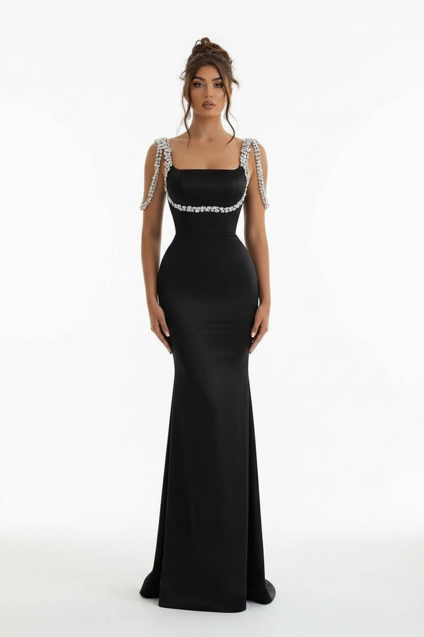 Stunning Sparkle Beaded Straps Fuchsia Column Satin Floor Length Prom Dress
