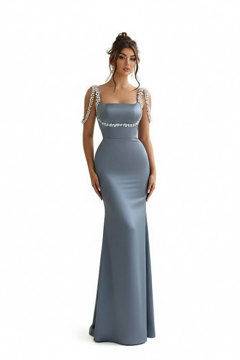 Stunning Sparkle Beaded Straps Fuchsia Column Satin Floor Length Prom Dress