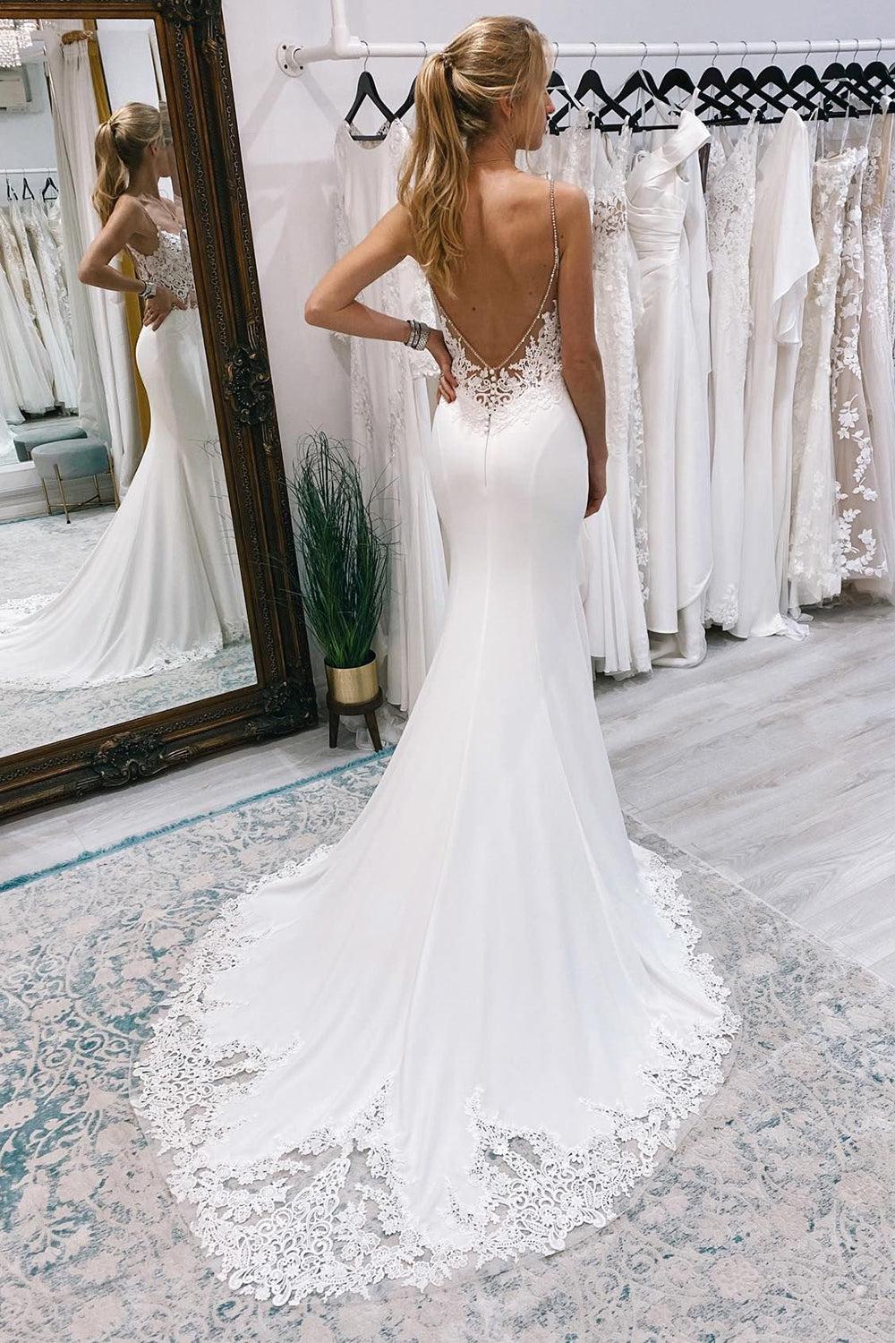Stunning White Mermaid Sweep Train Boho Beach Wedding Dress with Lace