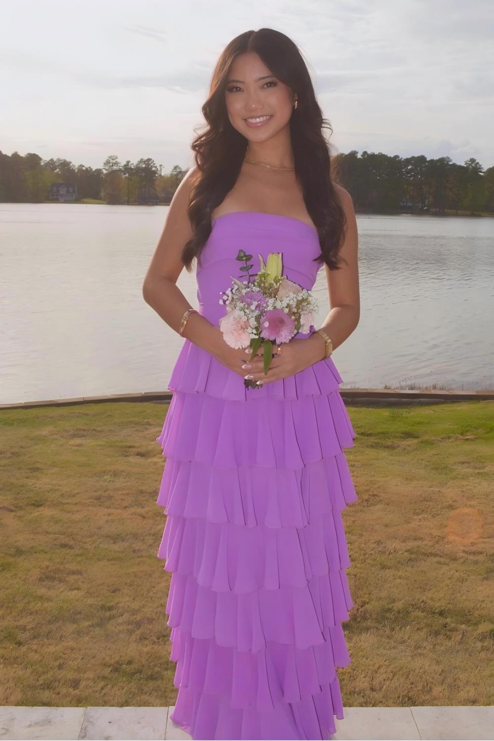 Dreamyannie Stylish A Line Strapless Purple Long Prom Dress With Ruffles Split Front Formal Evening Gown