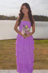 Dreamyannie Stylish A Line Strapless Purple Long Prom Dress With Ruffles Split Front Formal Evening Gown