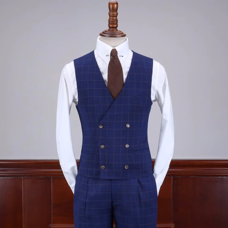 Stylish Dark Blue Plaid Notched Lapel 3 Piece Business Suit