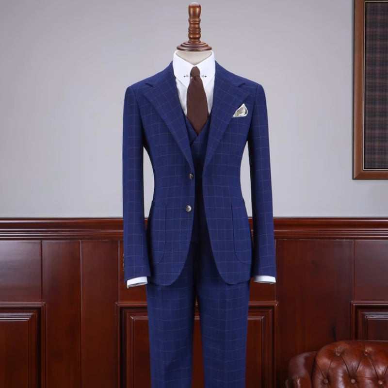 Stylish Dark Blue Plaid Notched Lapel 3 Piece Business Suit