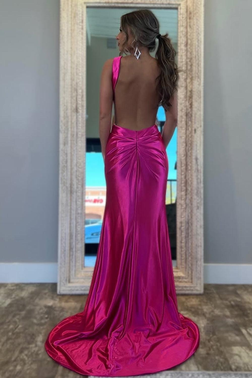 Stylish Fuchsia Metallic Mermaid Prom Dress With Slit And Open Back Formal Evening Gown