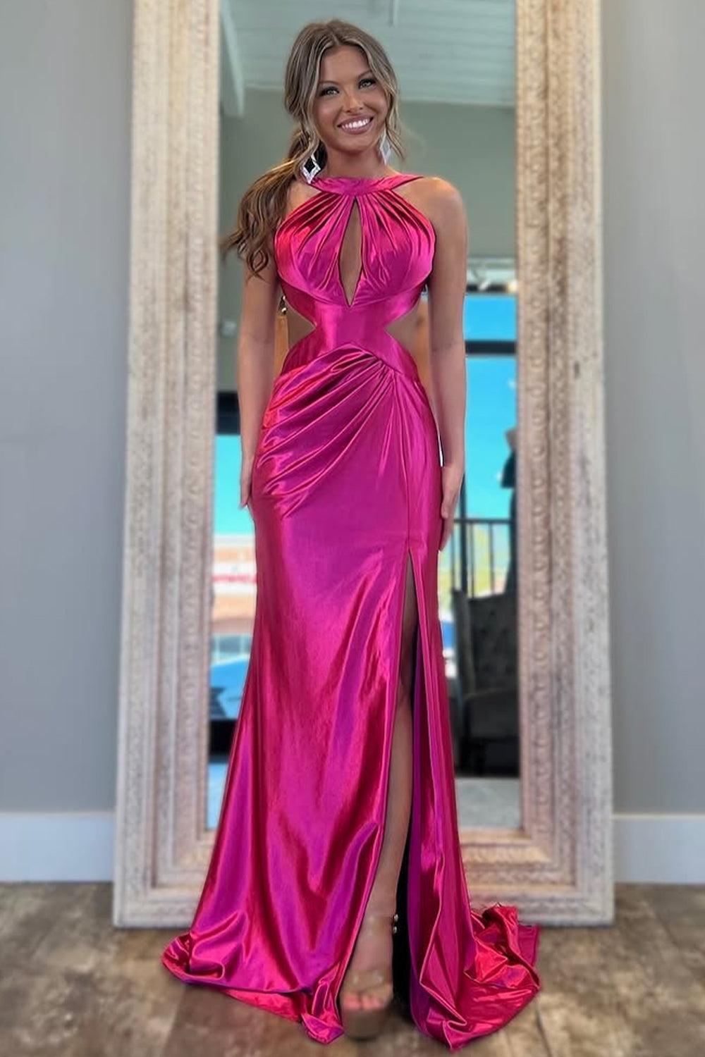 Stylish Fuchsia Metallic Mermaid Prom Dress With Slit And Open Back Formal Evening Gown