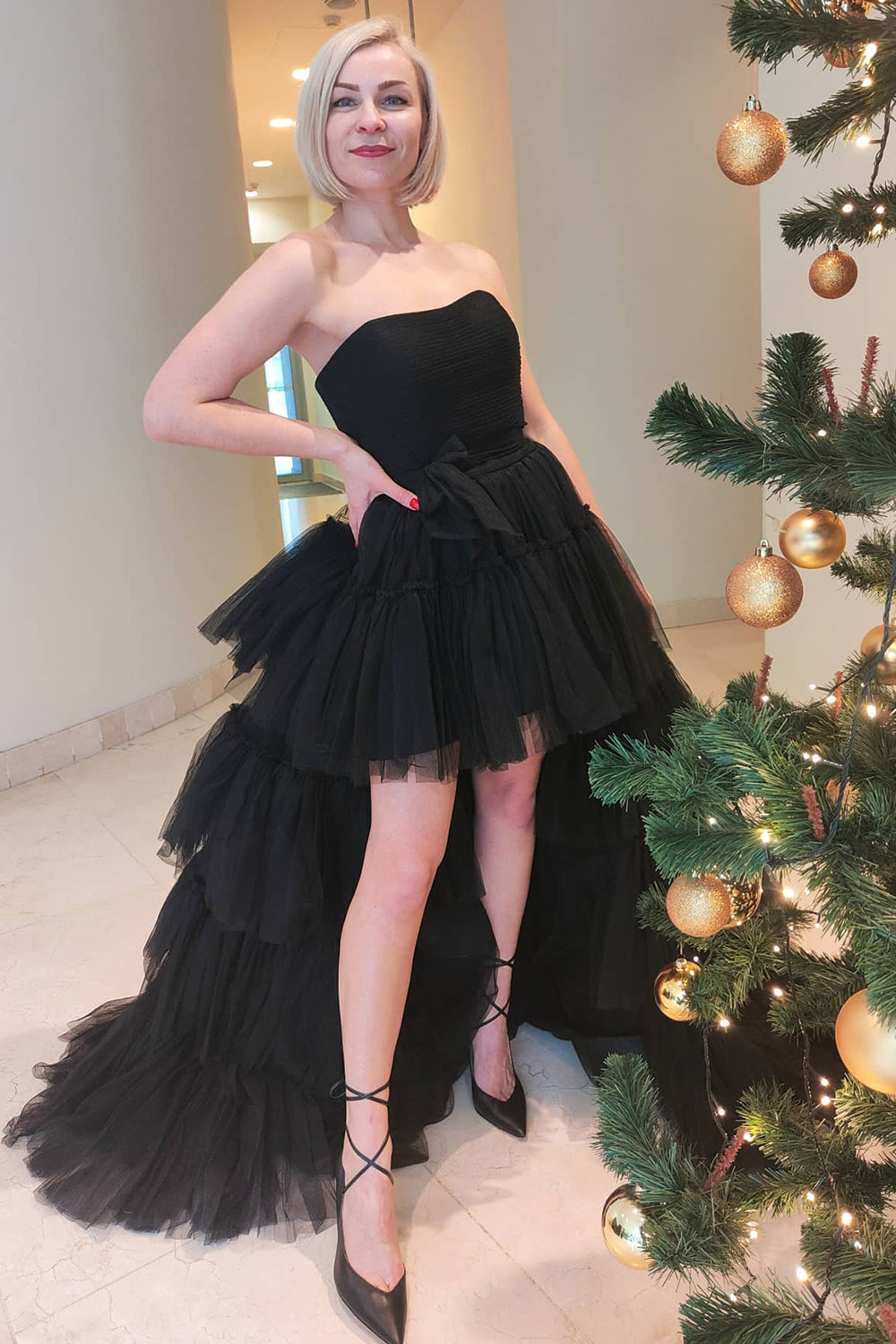Stylish High Low Strapless Fuchsia Prom Dress Evening Dress with Ruffles