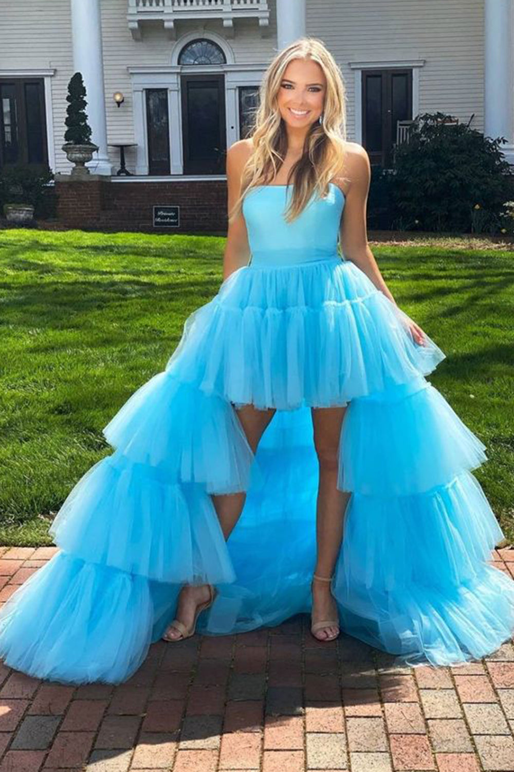 Stylish High Low Strapless Fuchsia Prom Dress Evening Dress with Ruffles