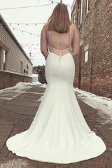 Stylish Mermaid Satin White Spaghetti Straps Long Plus Size Beach Wedding Dress with Button