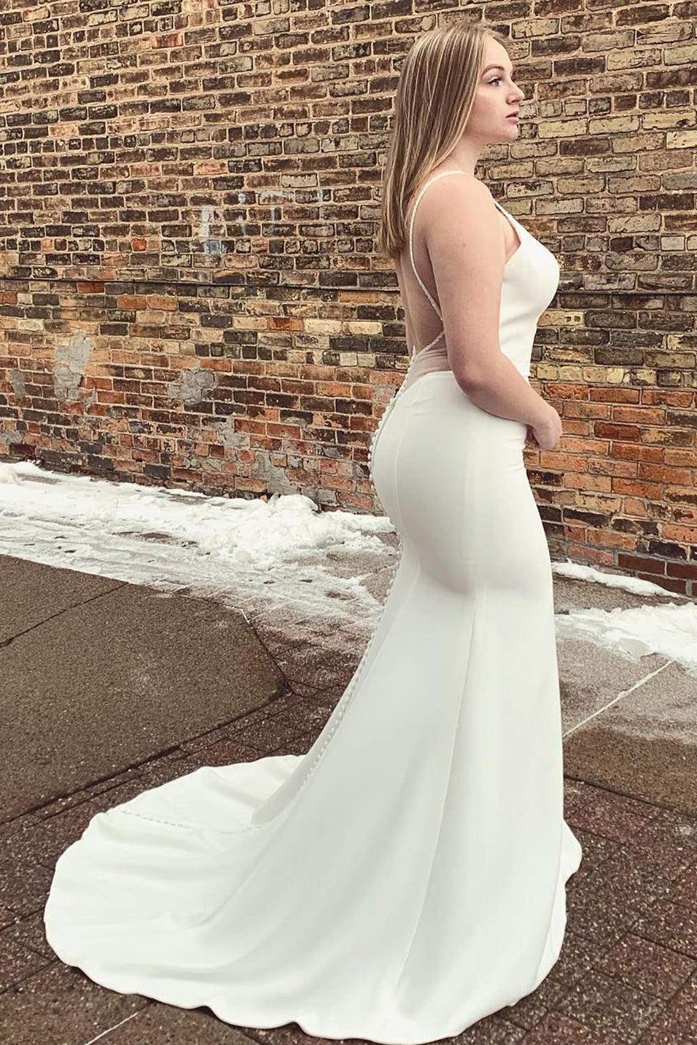 Stylish Mermaid Satin White Spaghetti Straps Long Plus Size Beach Wedding Dress with Button