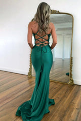 Stylish Mermaid Spaghetti Straps Green Long Satin Prom Dress With Lace Up Formal Evening Gown