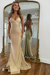 Stylish Mermaid Spaghetti Straps Green Long Satin Prom Dress With Lace Up Formal Evening Gown