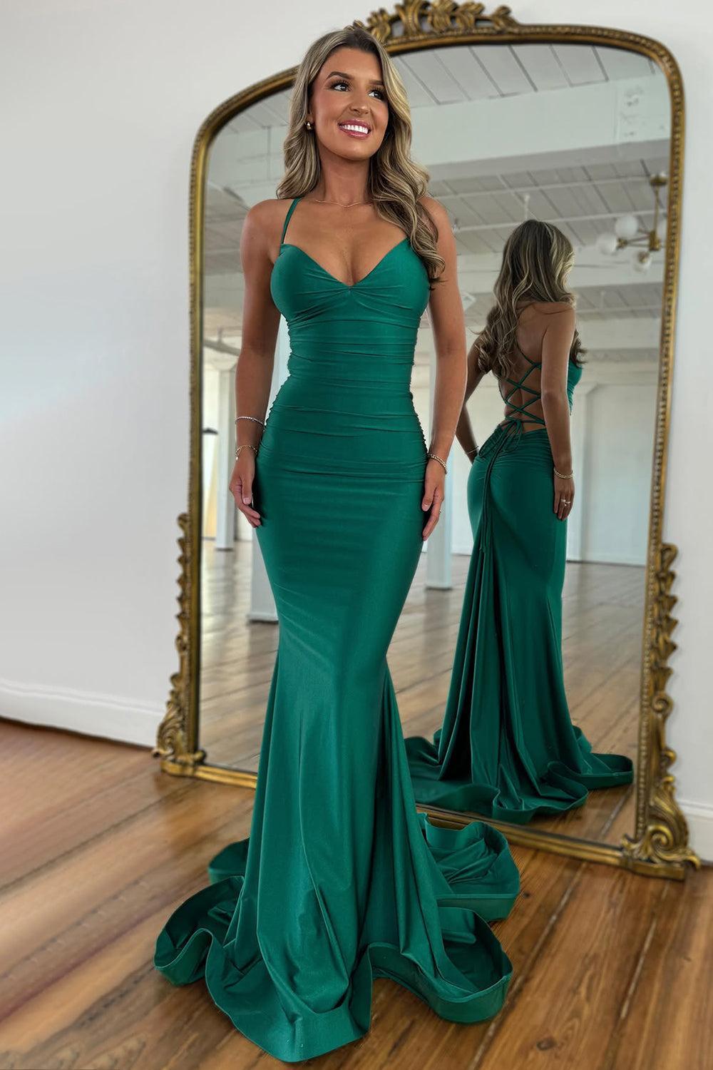 Stylish Mermaid Spaghetti Straps Green Long Satin Prom Dress With Lace Up Formal Evening Gown