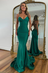 Stylish Mermaid Spaghetti Straps Green Long Satin Prom Dress With Lace Up Formal Evening Gown