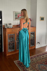 Stylish Sheath V Neck Green Long Party Dress With Open Back Bowknot Formal Evening Gown