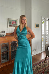 Stylish Sheath V Neck Green Long Party Dress With Open Back Bowknot Formal Evening Gown