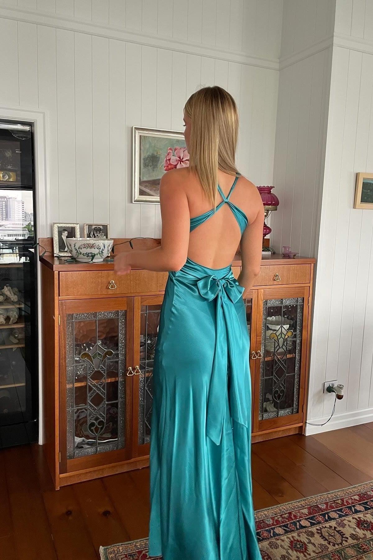 Stylish Sheath V Neck Green Long Party Dress With Open Back Bowknot Formal Evening Gown