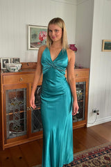 Stylish Sheath V Neck Green Long Party Dress With Open Back Bowknot Formal Evening Gown