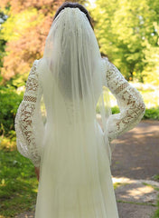 Sweep Train Chiffon/Lace Beach Wedding Dress with A-Line V-Neck and Long Sleeves