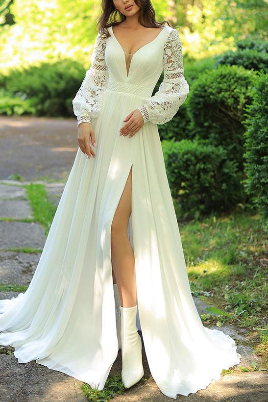 Sweep Train Chiffon/Lace Beach Wedding Dress with A-Line V-Neck and Long Sleeves