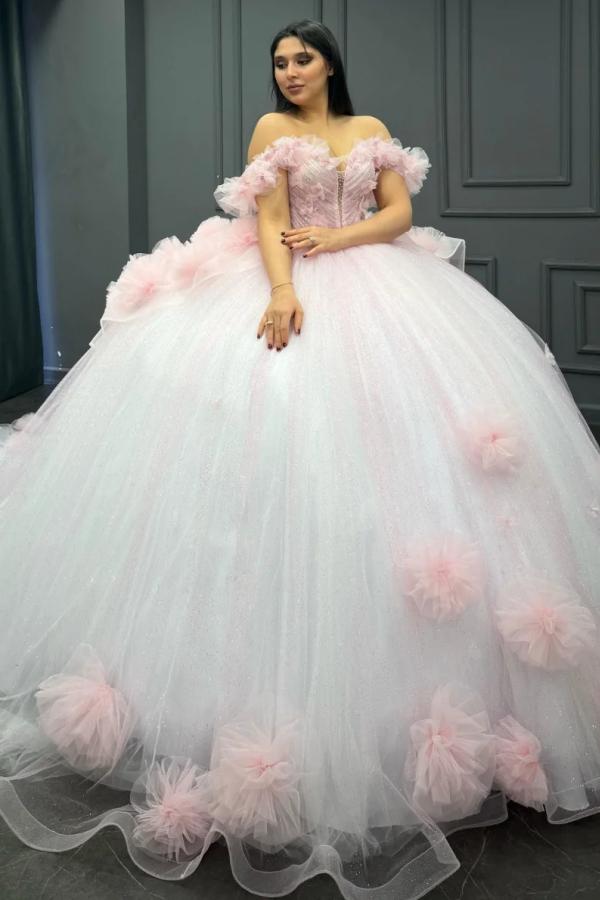 Sweet Ball Gown Off Shoulder Sleeveless Pleated Beaded Flowers Glitter Baby Pink Tulle Quinceanera Dress Forml Evening Dress Birthday Party Dress For Sweet 16
