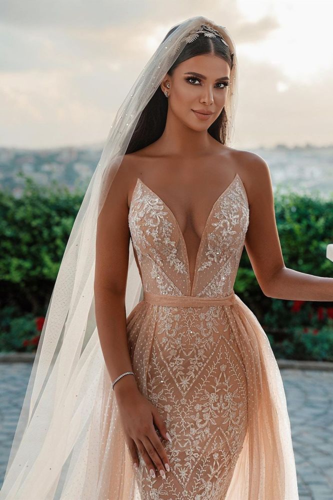 Sweetheart Beach Wedding Dress Lace Appliques Mermaid Bridal Dress With Panel Train