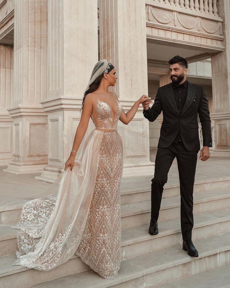 Sweetheart Beach Wedding Dress Lace Appliques Mermaid Bridal Dress With Panel Train