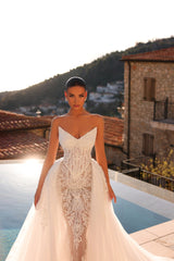 Sweetheart Beach Wedding Dress Mermaid Lace Appliques Bridal Dress with Panel Train