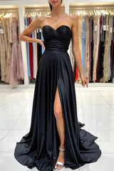 Sweetheart Black Prom Dress Satin Ruched Long Formal Dress With Slit