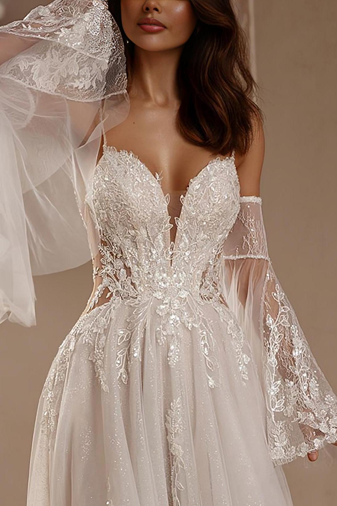 Sweetheart Court Train Wedding Dresses With Appliques Lace